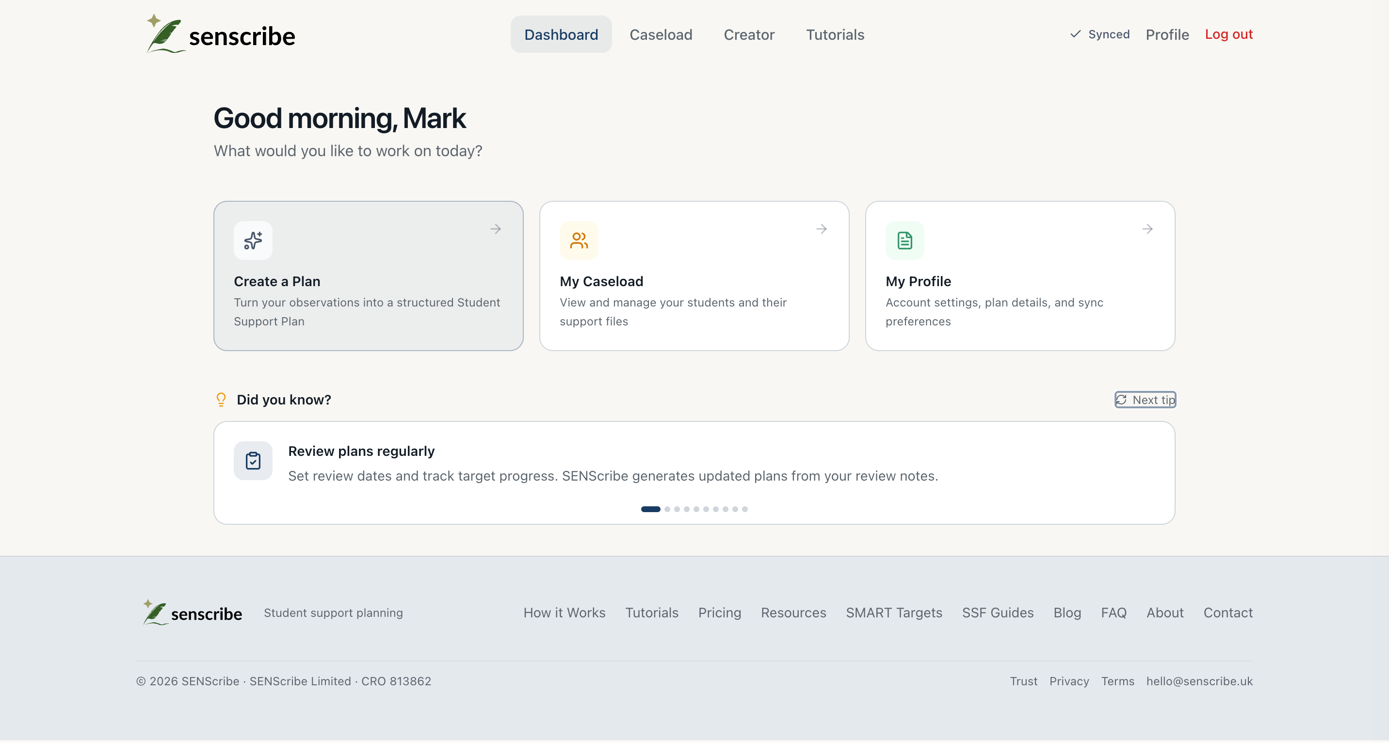SENScribe dashboard interface showing synthetic greeting and workspace for Mark